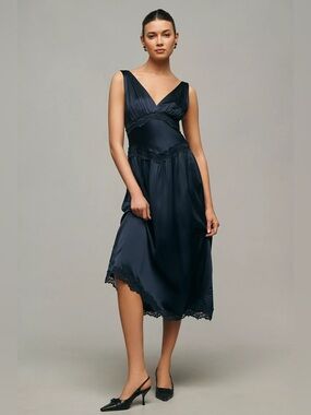 NEW Reformation Stasia Silk Dress In Navy Size 8